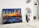 Istanbul Bosphorus Bridge glass wall art leaning against a wall in a minimalist interior
