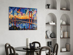 Istanbul Bosphorus Bridge glass wall art shown in a warm, styled interior setting
