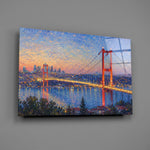 Istanbul Bosphorus Bridge glass wall art mounted flat on a grey wall