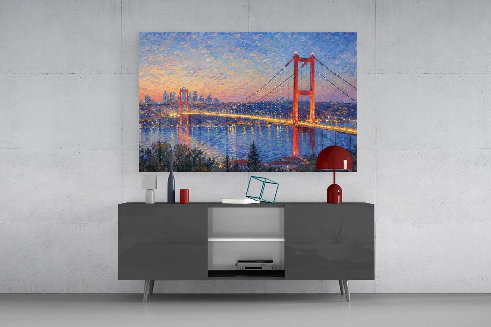 Istanbul Bosphorus Bridge glass wall art displayed above a console in a modern interior