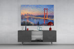 Istanbul Bosphorus Bridge glass wall art displayed above a console in a modern interior
