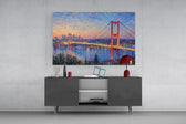 Istanbul Bosphorus Bridge glass wall art displayed above a console in a modern interior