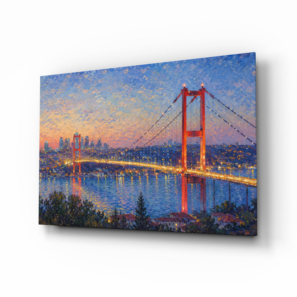 Istanbul Bosphorus Bridge glass wall art, angled view of the tempered glass panel