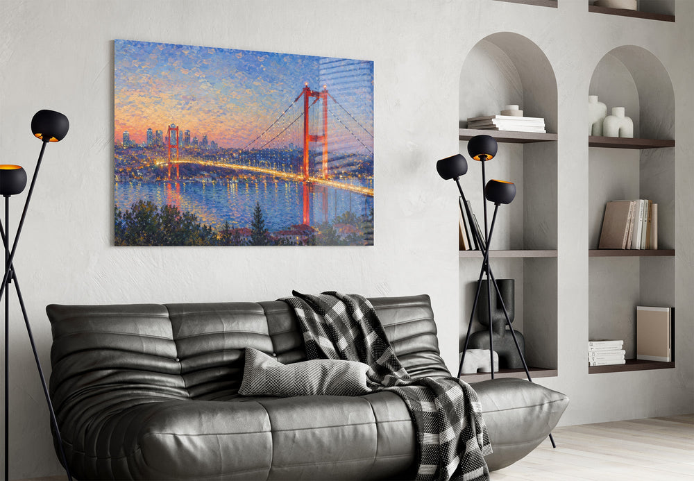 Istanbul Bosphorus Bridge glass wall art styled in a contemporary living room