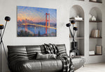 Istanbul Bosphorus Bridge glass wall art styled in a contemporary living room