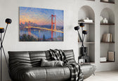 Istanbul Bosphorus Bridge glass wall art styled in a contemporary living room