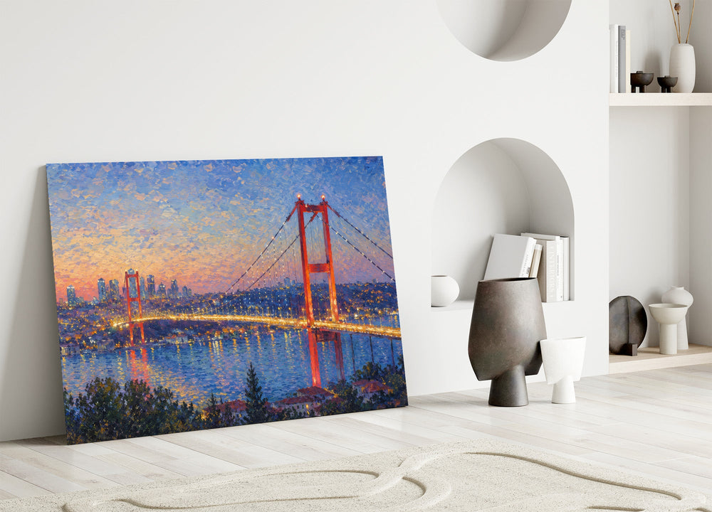 Istanbul Bosphorus Bridge glass wall art leaning against a wall in a minimalist interior