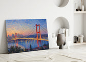 Istanbul Bosphorus Bridge glass wall art leaning against a wall in a minimalist interior