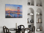 Istanbul Bosphorus Bridge glass wall art shown in a warm, styled interior setting