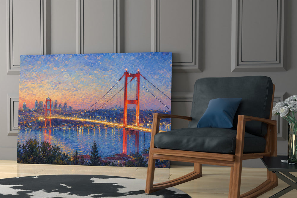 Istanbul Bosphorus Bridge glass wall art hanging as a focal point in a modern room