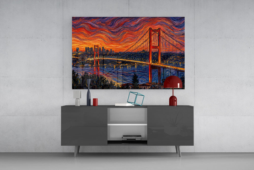 Istanbul Bosphorus Bridge glass wall art displayed above a console in a modern interior