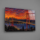 Istanbul Bosphorus Bridge glass wall art mounted flat on a grey wall