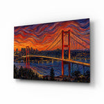 Istanbul Bosphorus Bridge glass wall art, angled view of the tempered glass panel