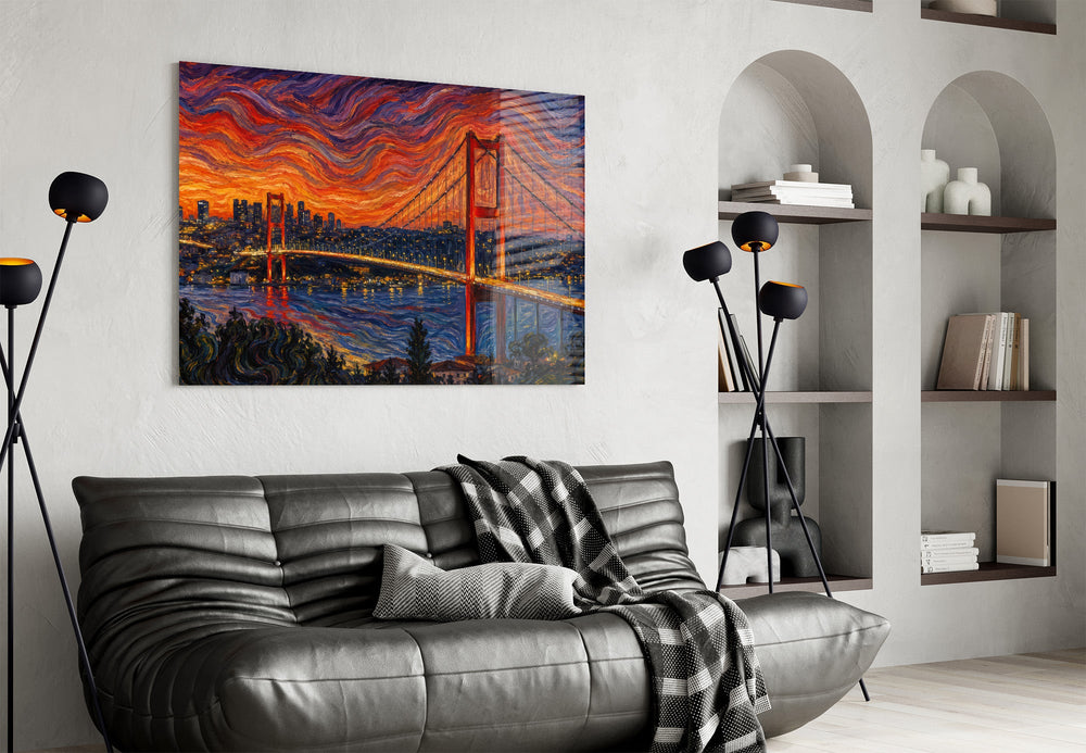 Istanbul Bosphorus Bridge glass wall art styled in a contemporary living room