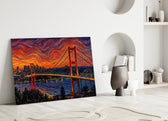Istanbul Bosphorus Bridge glass wall art leaning against a wall in a minimalist interior