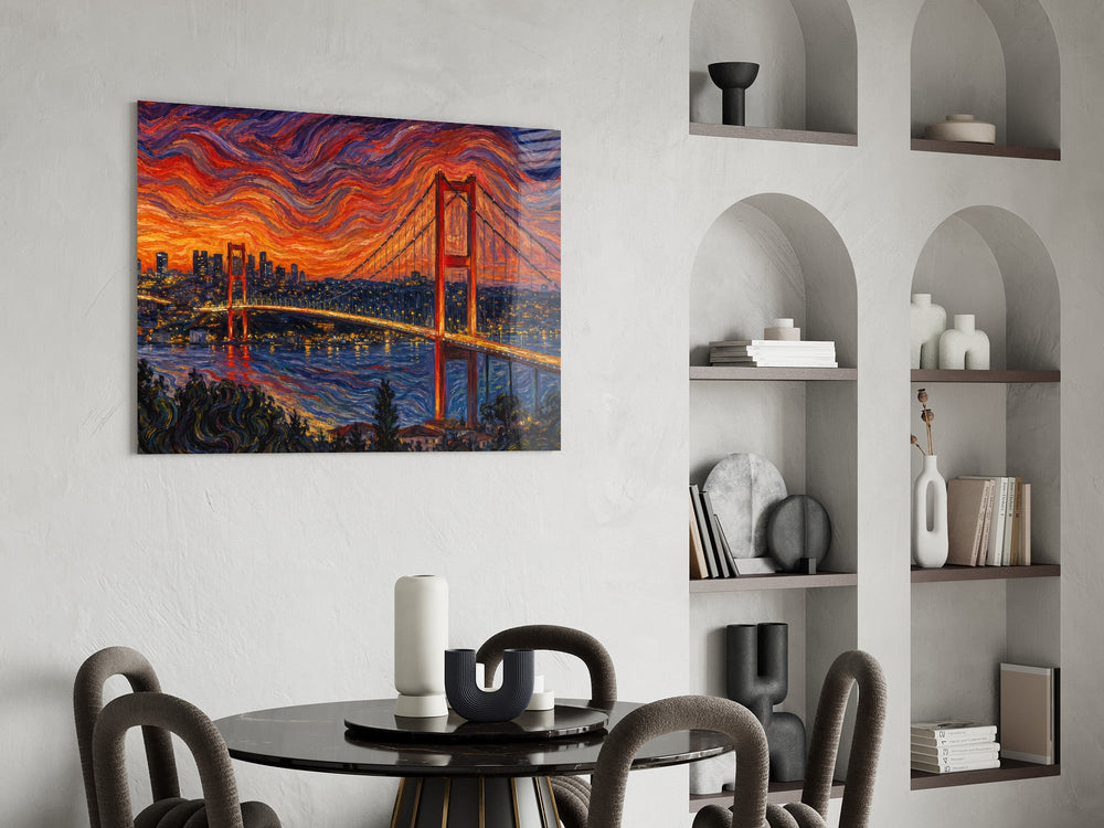 Istanbul Bosphorus Bridge glass wall art shown in a warm, styled interior setting