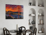 Istanbul Bosphorus Bridge glass wall art shown in a warm, styled interior setting