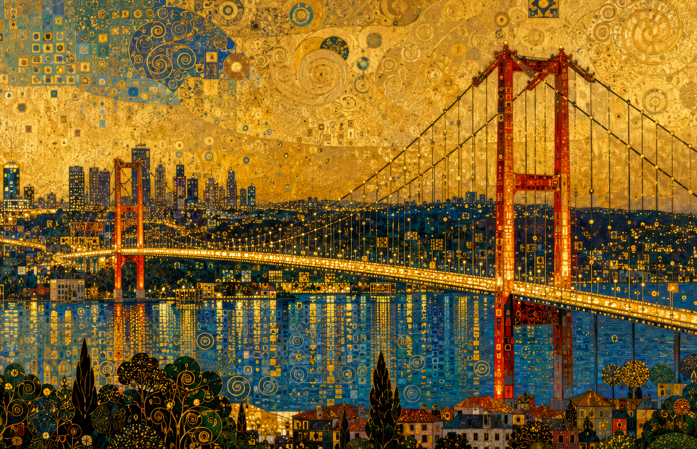 Istanbul Bosphorus Bridge Klimt Style Glass Wall Art