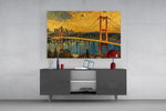 Istanbul Bosphorus Bridge glass wall art displayed above a console in a modern interior