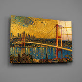Istanbul Bosphorus Bridge glass wall art mounted flat on a grey wall