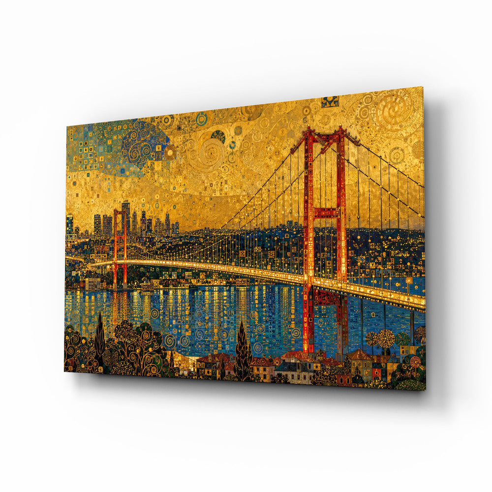 Istanbul Bosphorus Bridge glass wall art, angled view of the tempered glass panel
