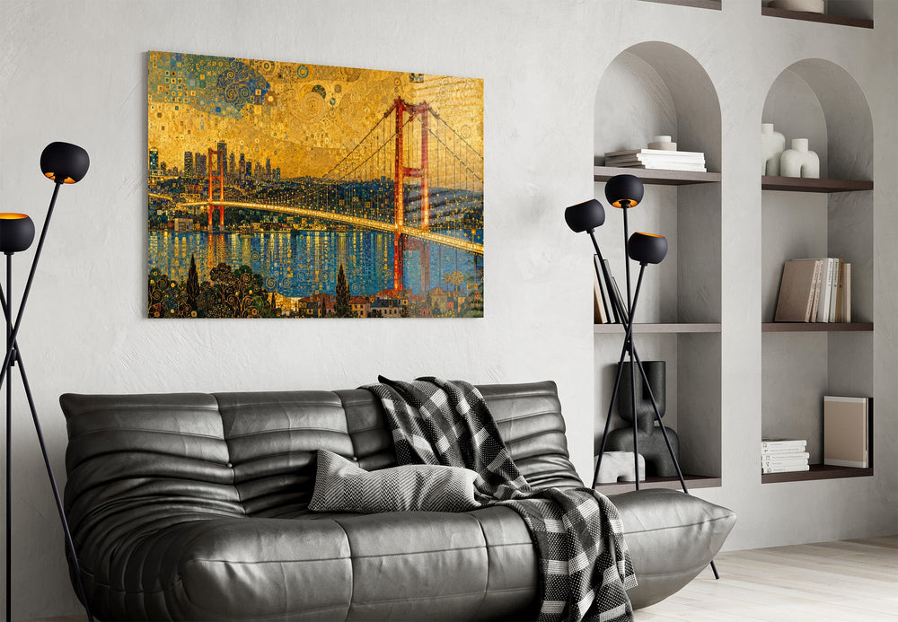 Istanbul Bosphorus Bridge glass wall art styled in a contemporary living room