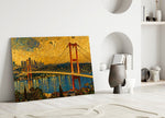 Istanbul Bosphorus Bridge glass wall art leaning against a wall in a minimalist interior