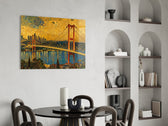 Istanbul Bosphorus Bridge glass wall art shown in a warm, styled interior setting