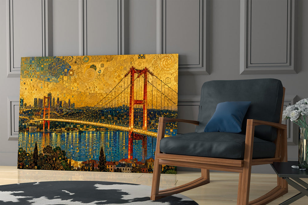 Istanbul Bosphorus Bridge glass wall art hanging as a focal point in a modern room