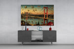 Istanbul Bosphorus Bridge glass wall art displayed above a console in a modern interior
