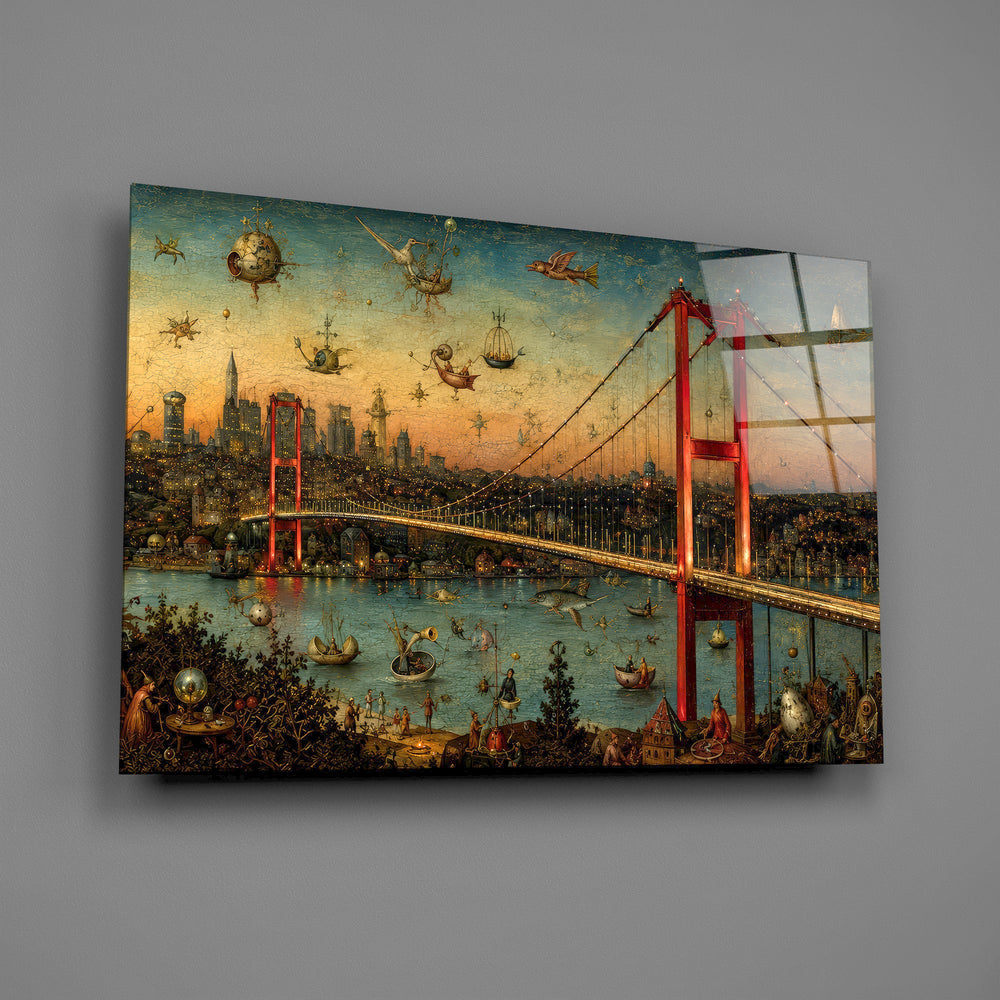 Istanbul Bosphorus Bridge glass wall art mounted flat on a grey wall