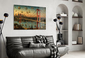Istanbul Bosphorus Bridge glass wall art styled in a contemporary living room