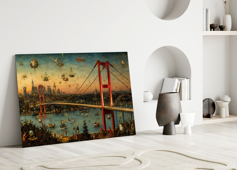 Istanbul Bosphorus Bridge glass wall art leaning against a wall in a minimalist interior