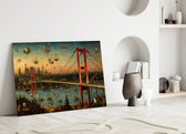 Istanbul Bosphorus Bridge glass wall art leaning against a wall in a minimalist interior