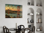 Istanbul Bosphorus Bridge glass wall art shown in a warm, styled interior setting