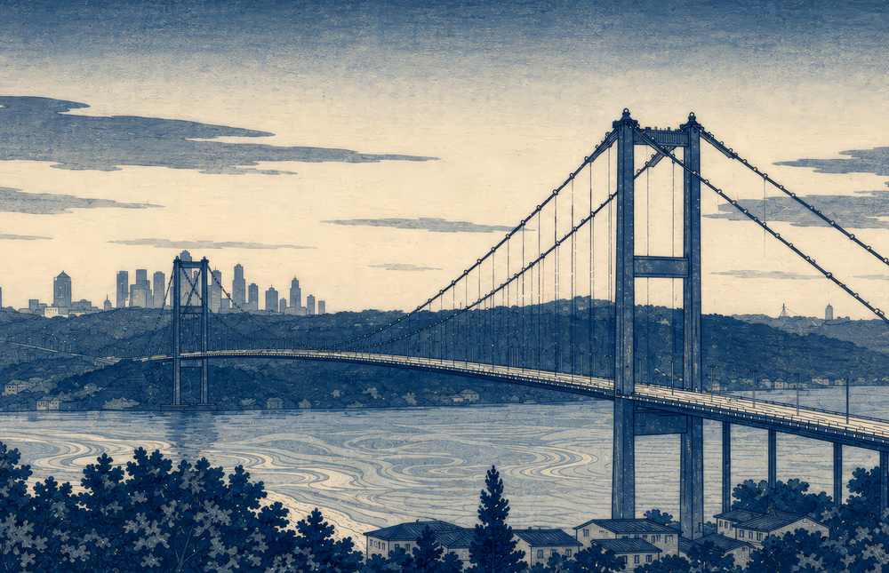 Istanbul Bosphorus Bridge Hokusai Style Glass Wall Art