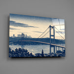 Istanbul Bosphorus Bridge glass wall art mounted flat on a grey wall