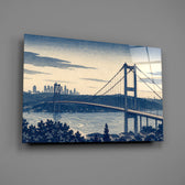 Istanbul Bosphorus Bridge glass wall art mounted flat on a grey wall
