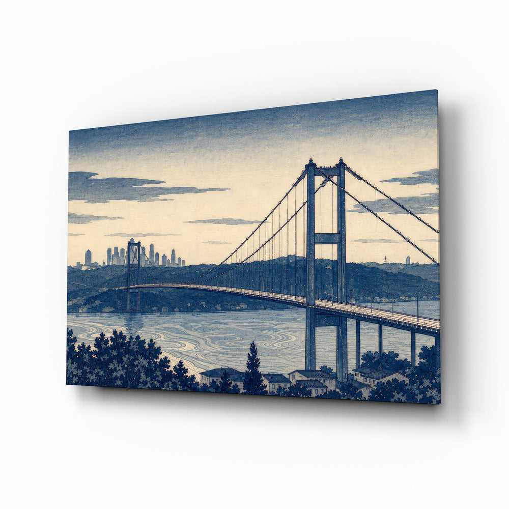 Istanbul Bosphorus Bridge glass wall art, angled view of the tempered glass panel