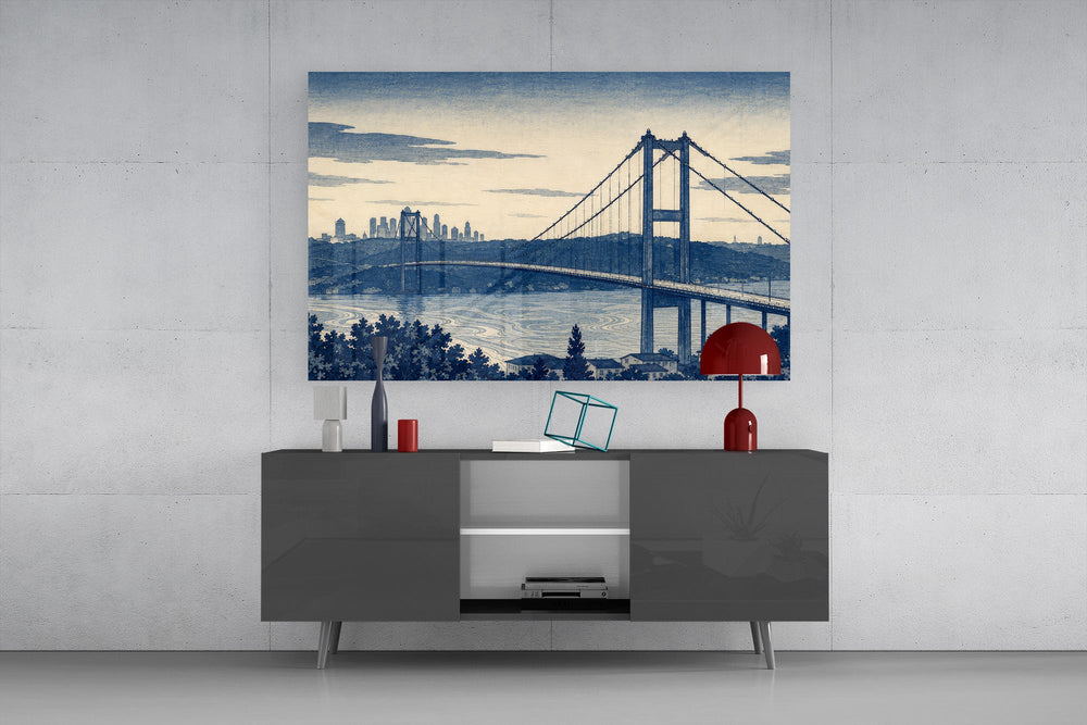 Istanbul Bosphorus Bridge glass wall art displayed above a console in a modern interior