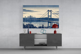Istanbul Bosphorus Bridge glass wall art displayed above a console in a modern interior