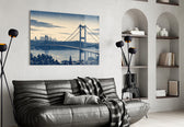 Istanbul Bosphorus Bridge glass wall art styled in a contemporary living room