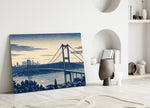 Istanbul Bosphorus Bridge glass wall art leaning against a wall in a minimalist interior
