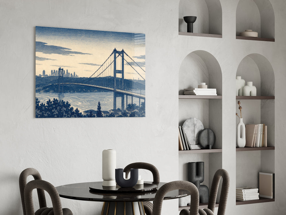 Istanbul Bosphorus Bridge glass wall art shown in a warm, styled interior setting