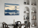 Istanbul Bosphorus Bridge glass wall art shown in a warm, styled interior setting