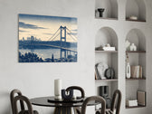 Istanbul Bosphorus Bridge glass wall art shown in a warm, styled interior setting
