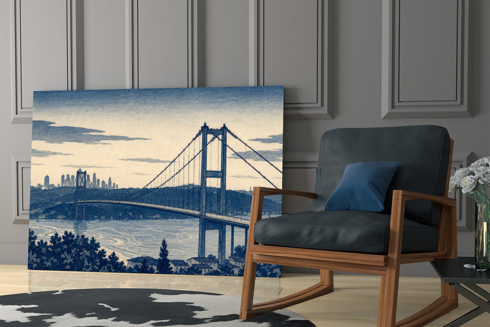 Istanbul Bosphorus Bridge glass wall art hanging as a focal point in a modern room
