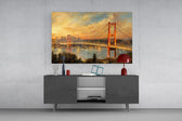 Istanbul Bosphorus Bridge glass wall art displayed above a console in a modern interior