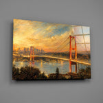 Istanbul Bosphorus Bridge glass wall art mounted flat on a grey wall