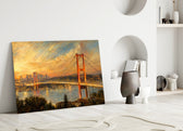 Istanbul Bosphorus Bridge glass wall art leaning against a wall in a minimalist interior